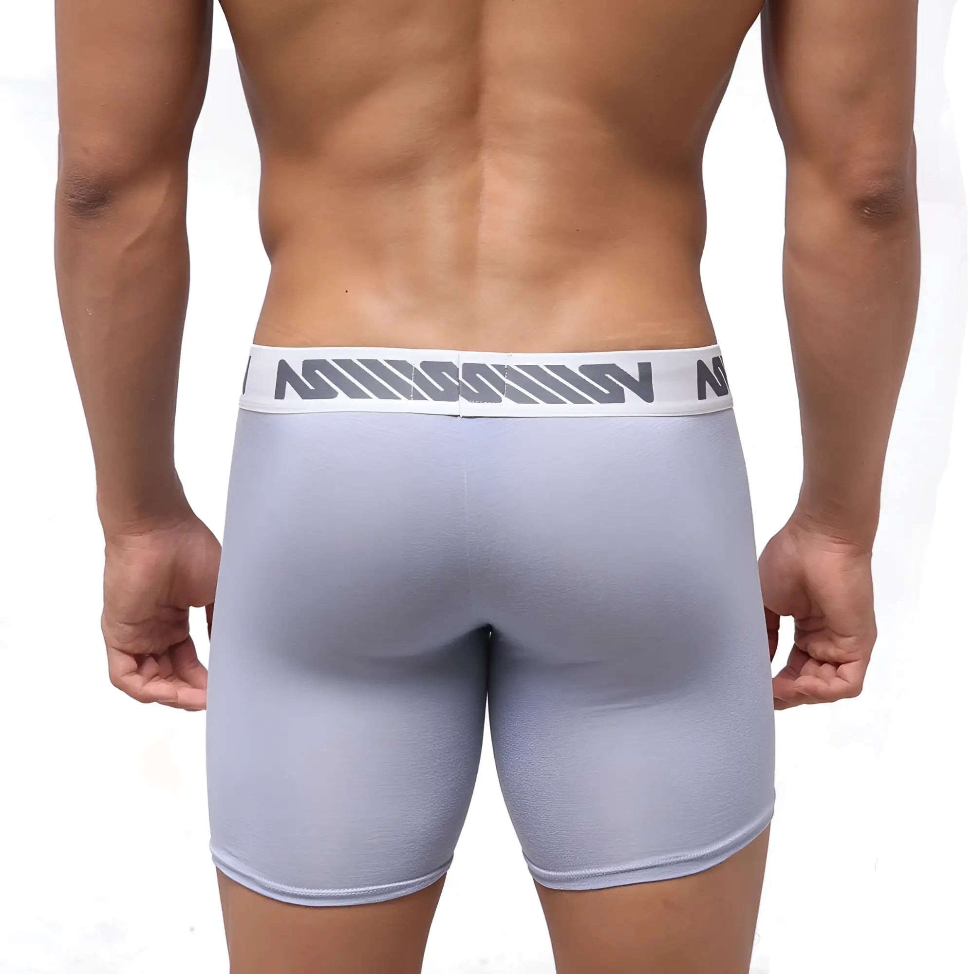 Gray metro male wear bosillo bold long boxer briefs with white waistband and gray geometric logo pattern