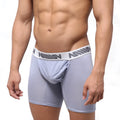 Light gray metroMalewear bosillo bold long boxer briefs with white elastic waistband and black ninny branding