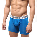 Metro male wear bosillo bold long royal blue men’s boxer briefs with white waistband and gray asian lettering