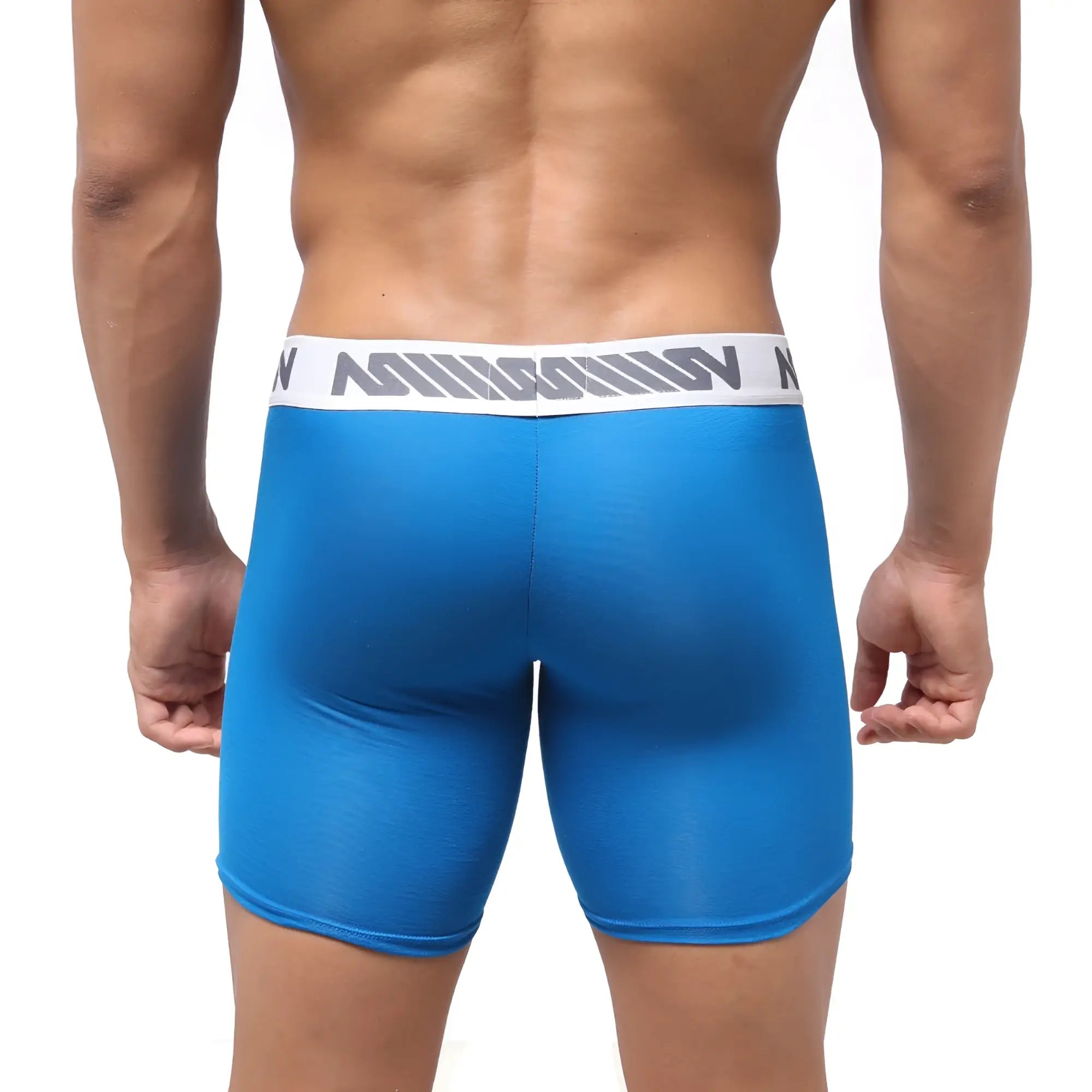 Blue men’s boxer briefs with white elastic waistband gray diagonal stripes and million brand name metroMalewear model 3515-18