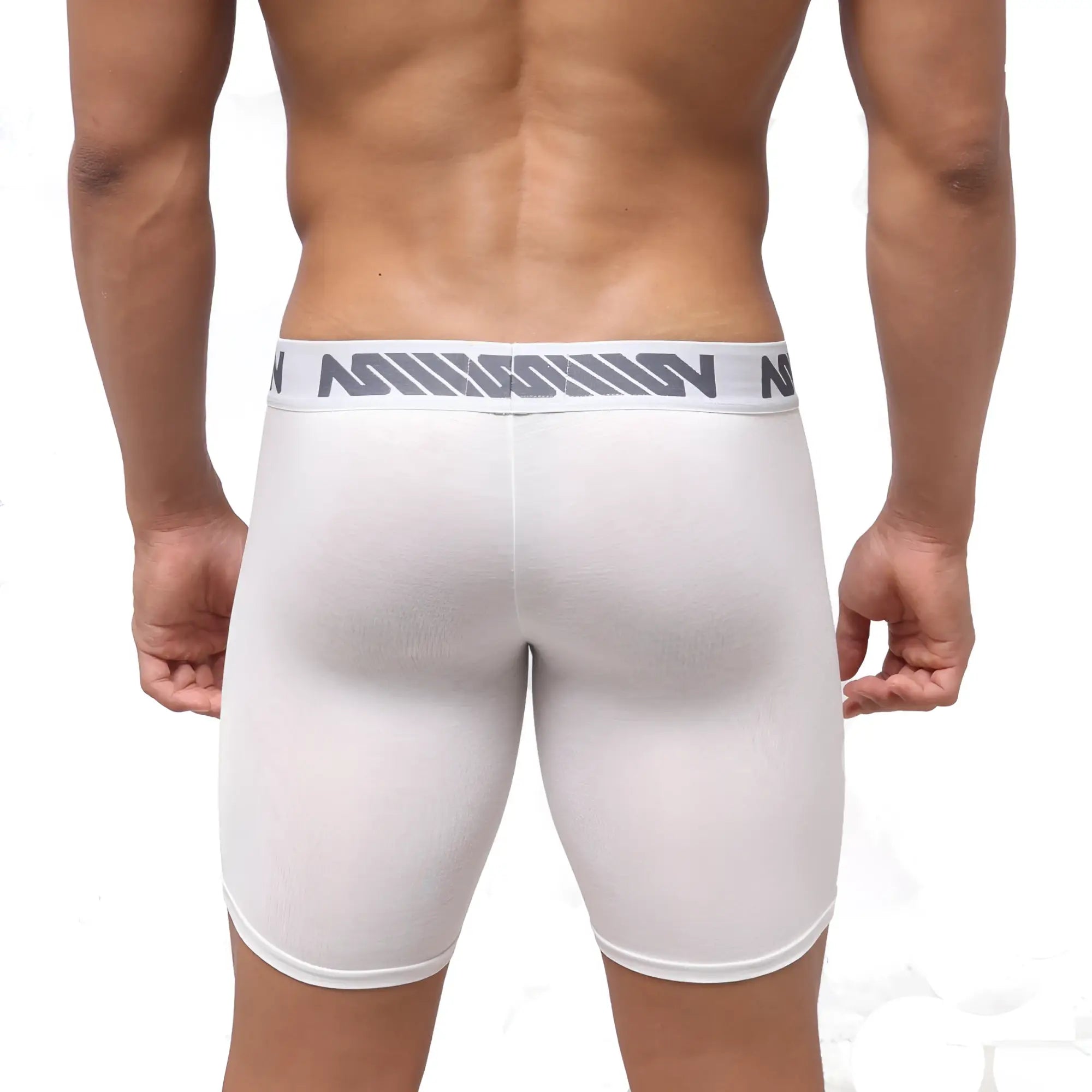 White mission mens compression shorts with gray logo waistband metro malewear bosillo bold long boxer white 3515-00