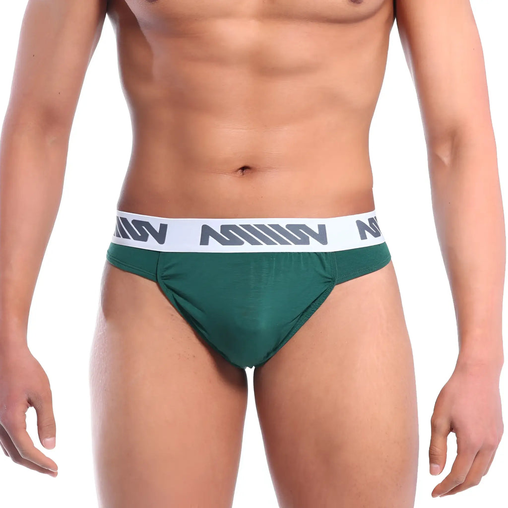 Dark green athletic briefs with white elastic waistband and gray metro malewear logo pattern metro malewear bosillo bold thong