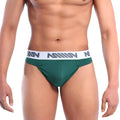 Dark green athletic briefs with white elastic waistband and gray metro malewear logo pattern metro malewear bosillo bold thong