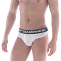 White mens briefs with black elastic waistband featuring the aetromalewear logo from metromalewear bosillo bold thong collection