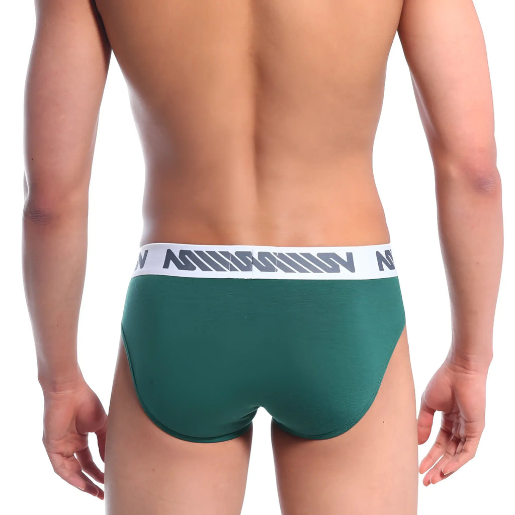 MetroMaleWear Bosillo brief pine green athletic briefs with white elastic waistband and gray geometric logo pattern