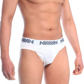 White men’s briefs with gray miiw logo band from MetroMaleWear bosillo brief white 3506-00 collection