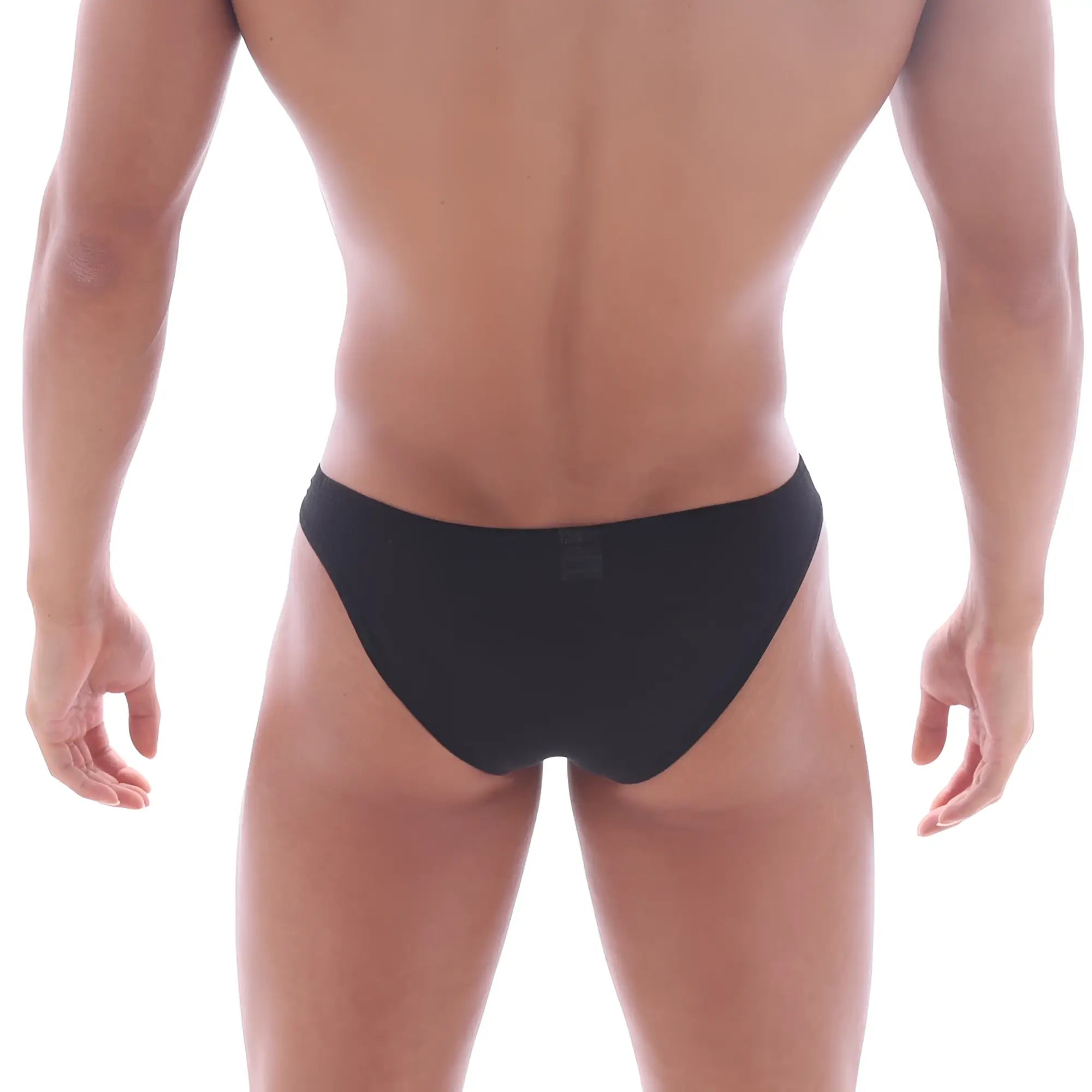 MetroMalewear bosillo half back bikini briefs in black with smooth, form-fitting design showing the back side