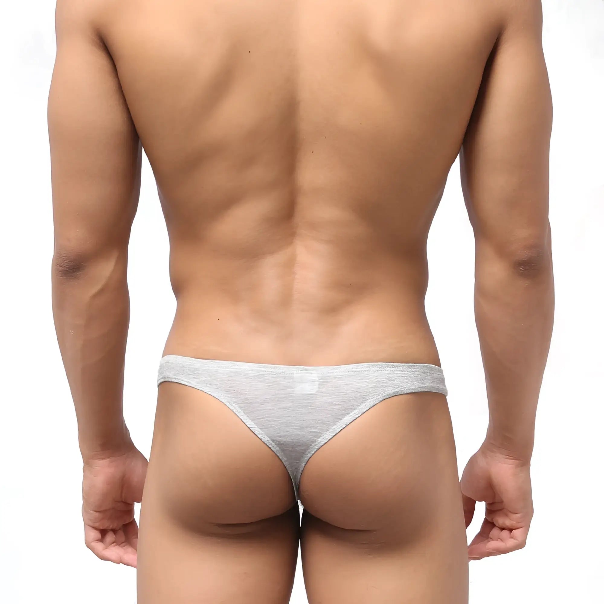 Gray heathered metro malewear bosillo half back bikini briefs with a snug form-fitting design shown from the back