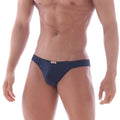 Navy blue cotton metro malewear bosillo half back bikini briefs with a small red and white brand tag at the waistband
