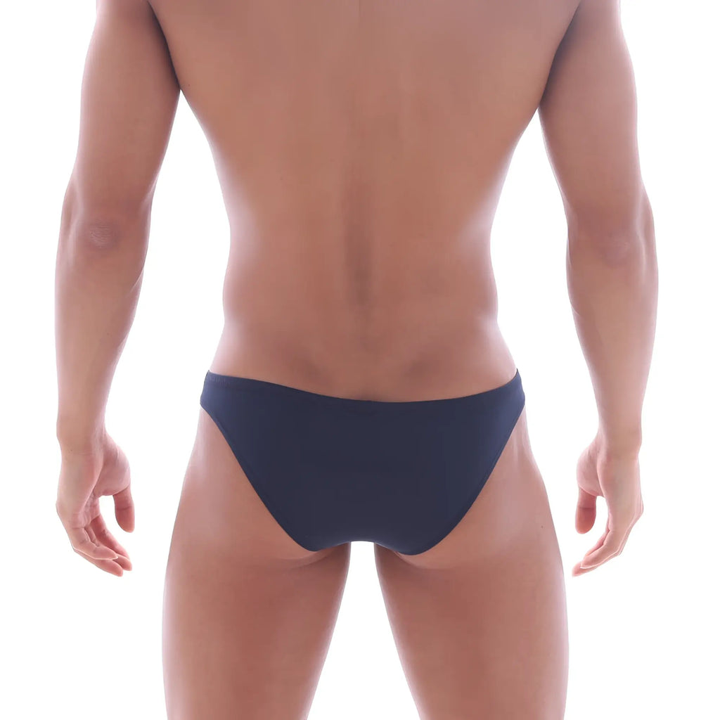 Navy blue metro malewear bosillo half back bikini briefs with smooth form-fitting design shown from the back