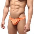 Orange athletic briefs metroMalewear bosillo half back bikini peach with red and white logo waistband shown from back