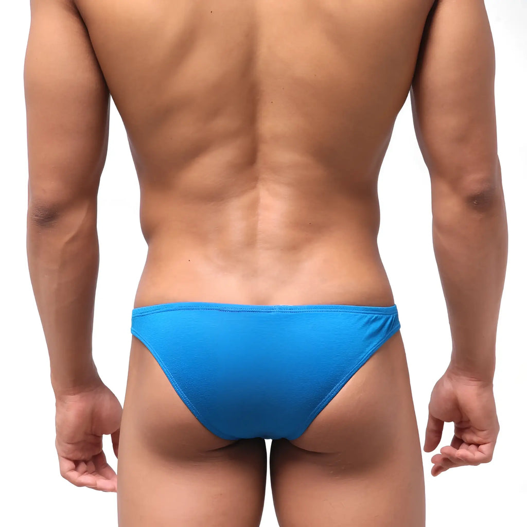 Bright blue metroMalewear bosillo half back bikini swim trunks with smooth stretchy fabric and sleek form fitting design