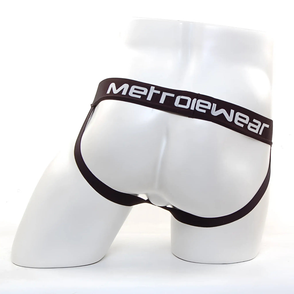 Black metrowear brand briefs with sleek form-fitting design and white waistband lettering from metromalewear bosillo jock strap navy 3501-28