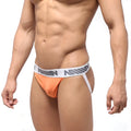 Orange athletic briefs with a white waistband featuring the mus logo gray lettering metro malewear bosillo jock strap peach