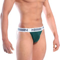 Dark green athletic briefs with a white elastic waistband featuring a gray repeating logo metro male wear bosillo jock strap