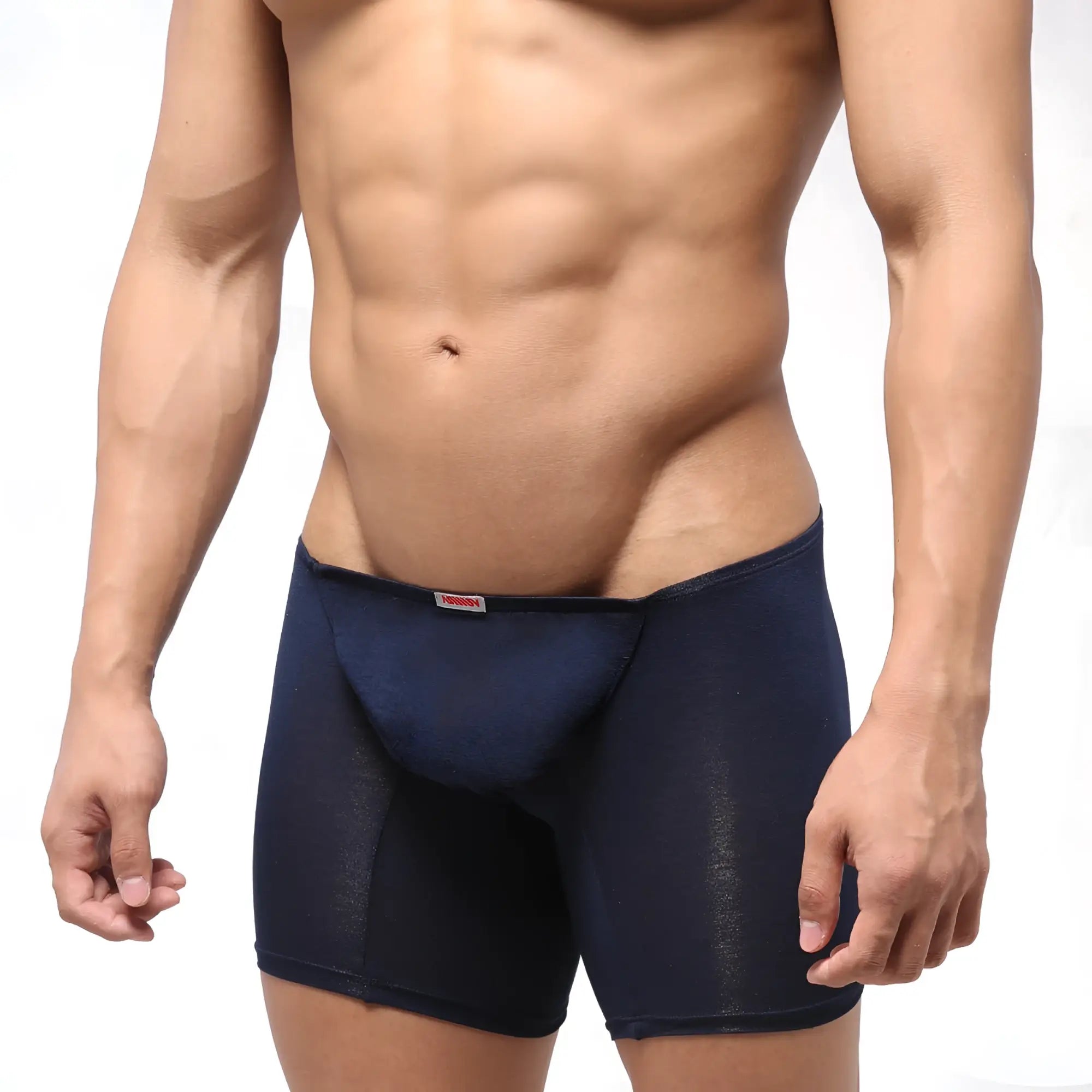 MetroMalewear bosillo long boxer dark blue sheer mesh briefs with subtle textured pattern and red brand tag