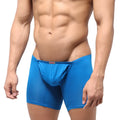 Royal blue form-fitting boxer briefs with textured fabric and red brand tag at waistband by metromalewear bosillo long boxer