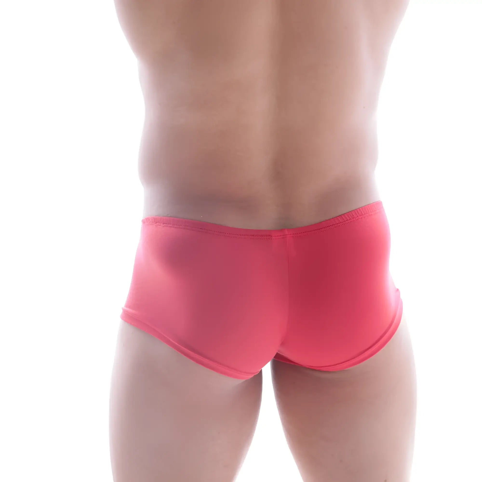 Bright pink form-fitting swim trunks with smooth stretchy fabric from MetroMaleWear Bosillo Short Boxer Red 3014-12