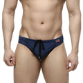 Navy blue MetroMaleWear Bosillo swim bikini with black drawstring and zipper detail for comfortable beachwear