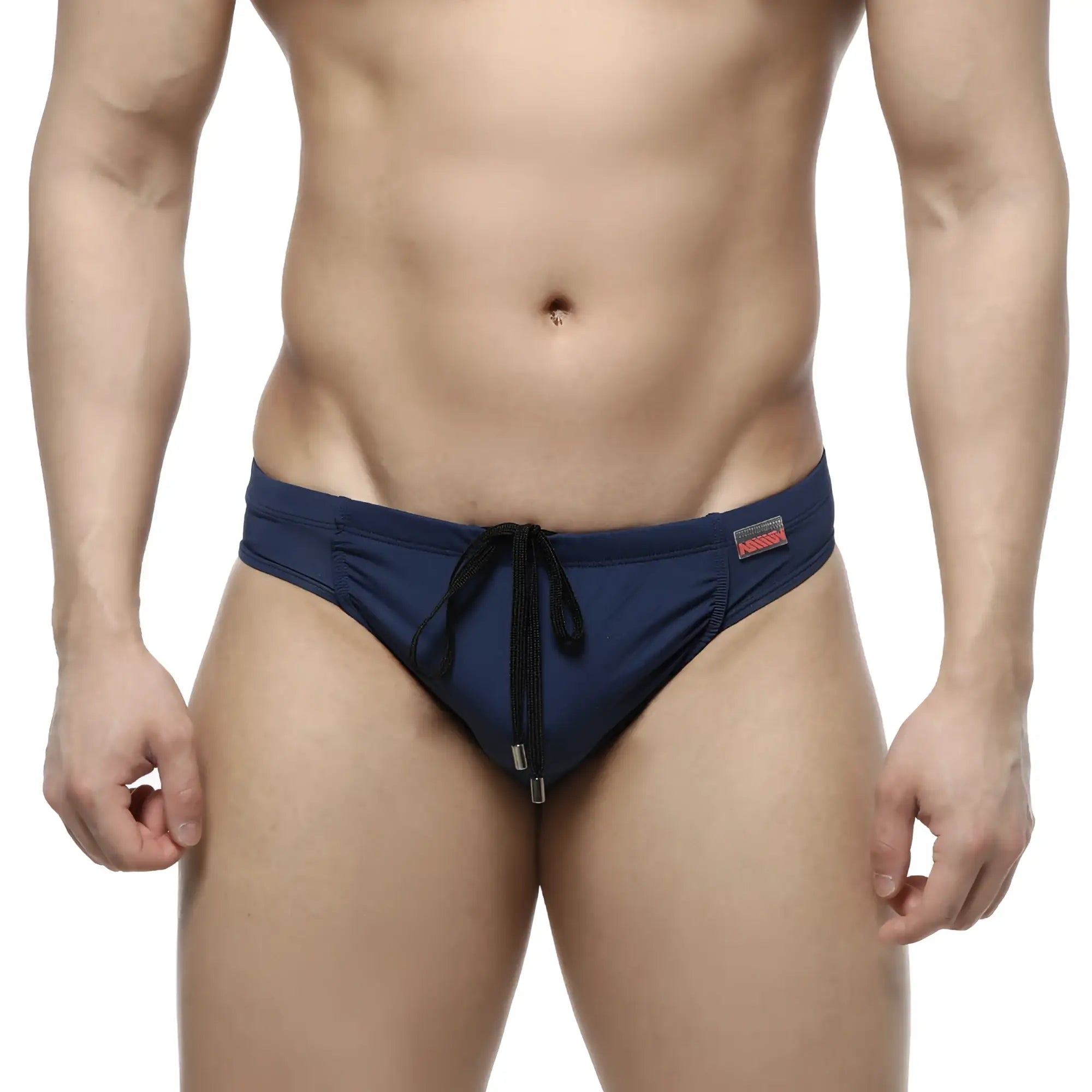 Navy blue MetroMaleWear Bosillo swim bikini with black drawstring and zipper detail for comfortable beachwear