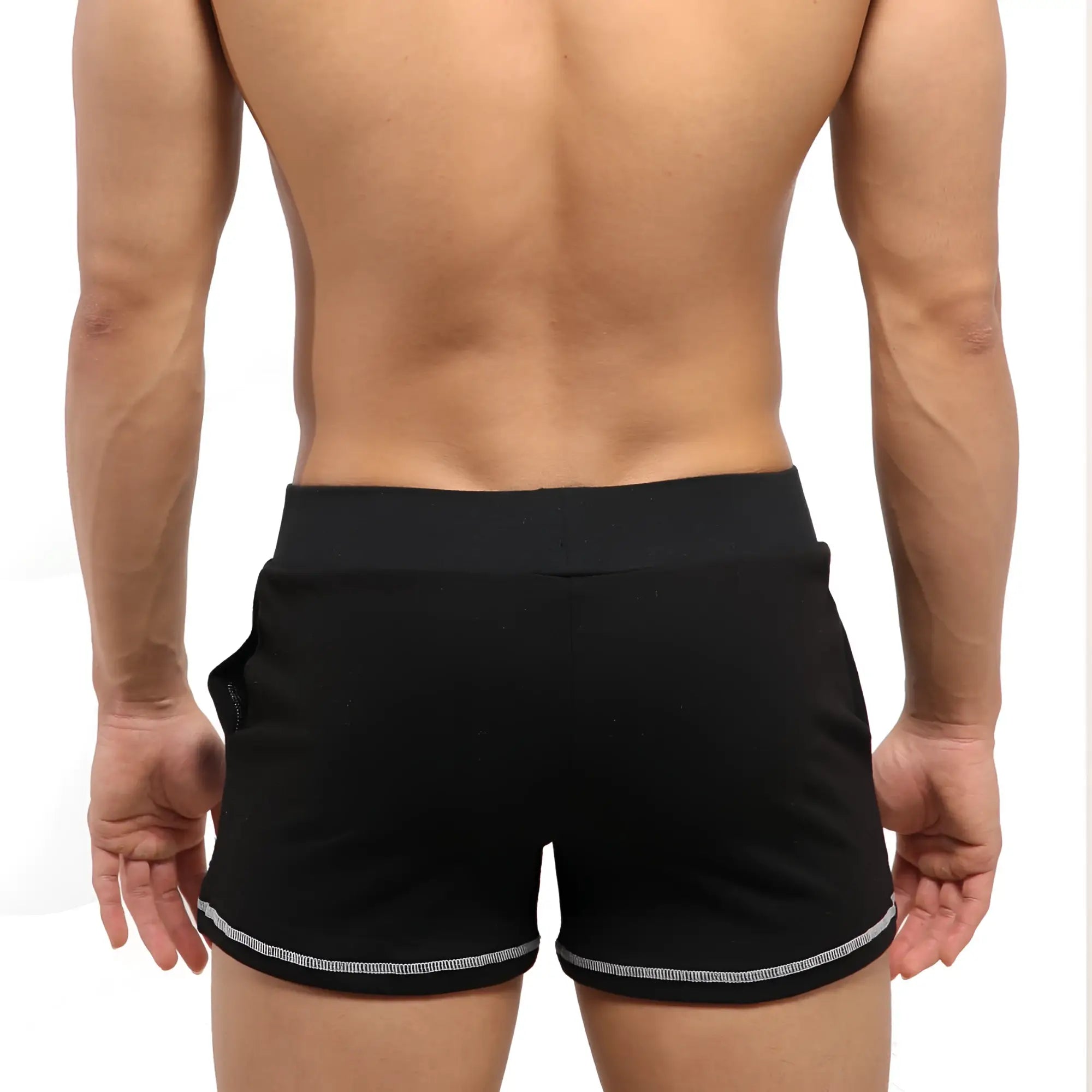 MetroMaleWear Boston athletic short black with snug elastic waistband and silver trim along the hem