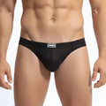 MetroMaleWear Bravo bikini black mesh briefs with white rectangular logo on waistband visible from front view