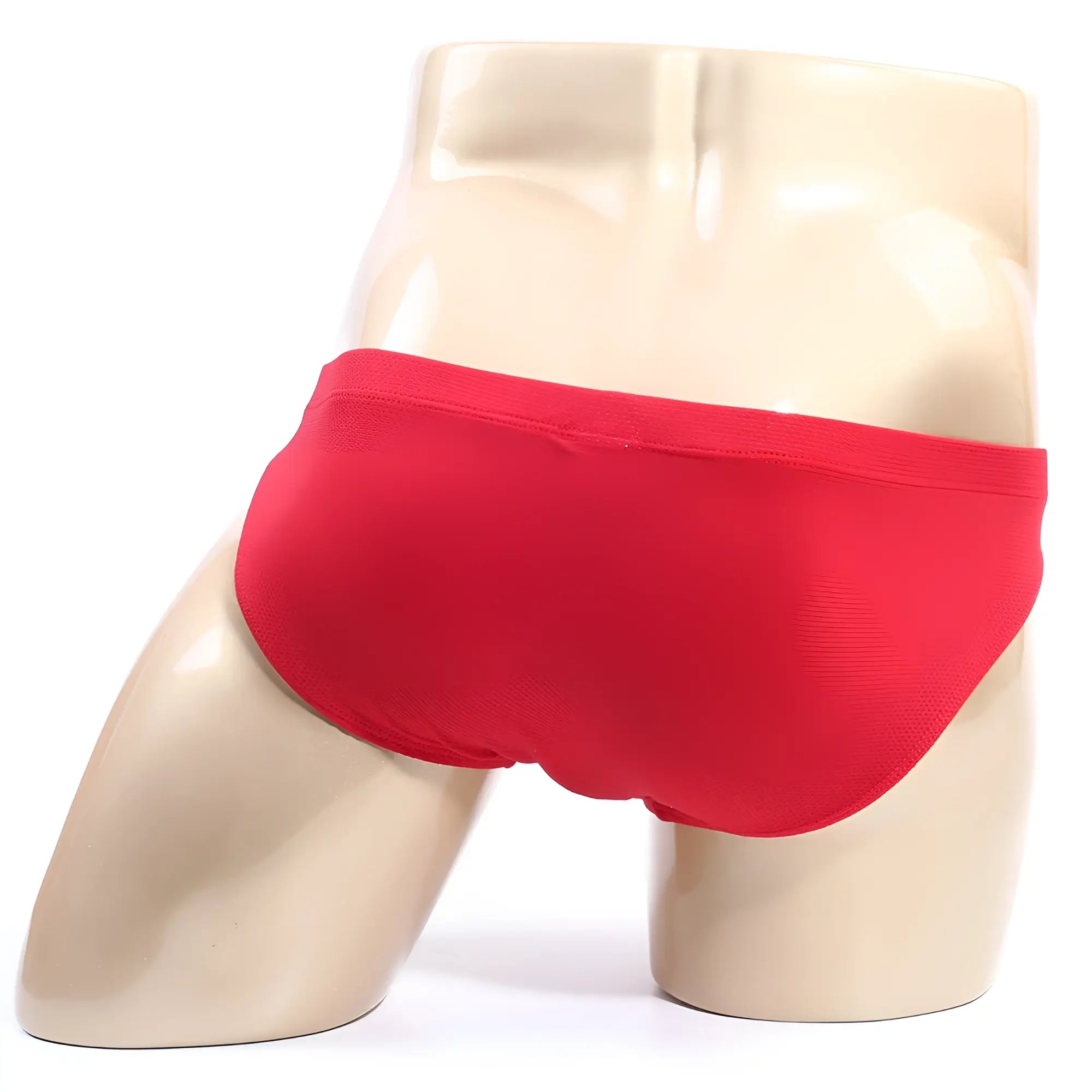 Metro male wear bravo bikini red briefs displayed on a mannequin showcasing the front side design