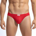 Metro male wear bravo bikini red mesh briefs with a white rectangular logo patch on the waistband