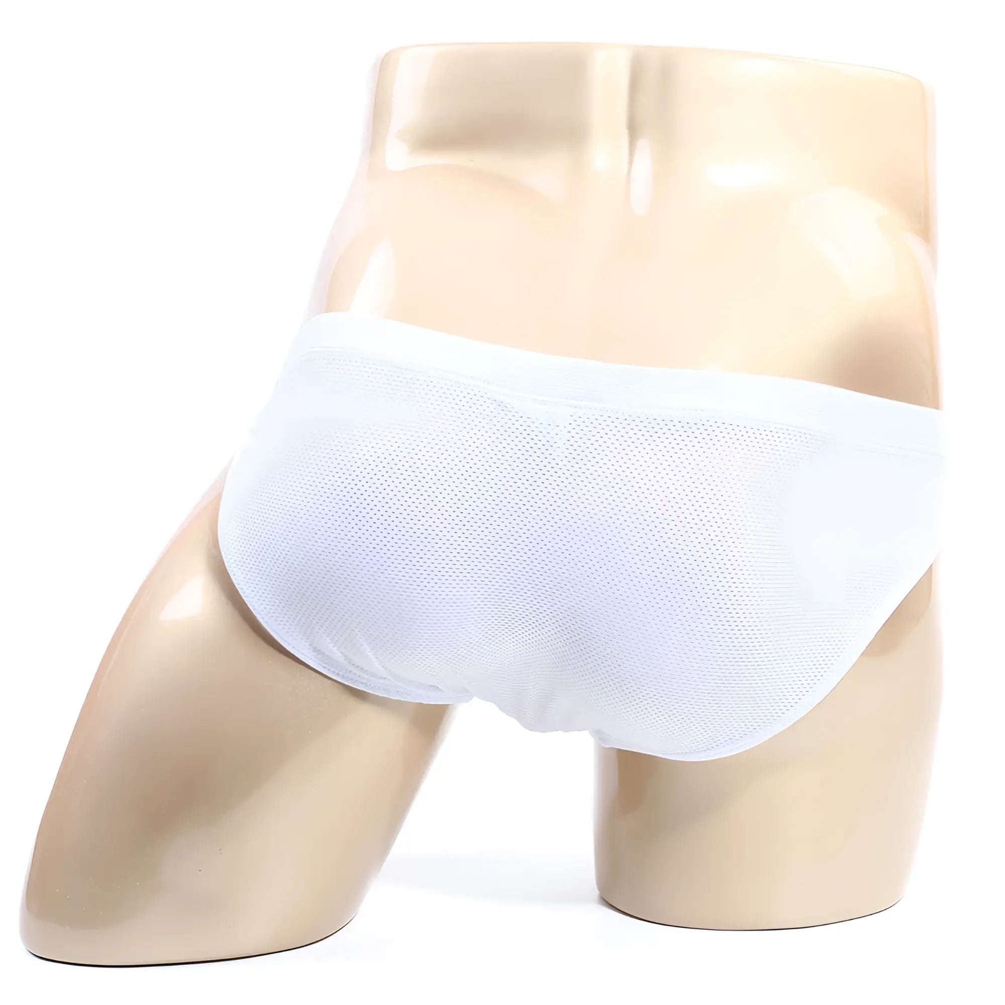 White mesh briefs bikini by metromalewear in white displayed on a mannequin showing front view
