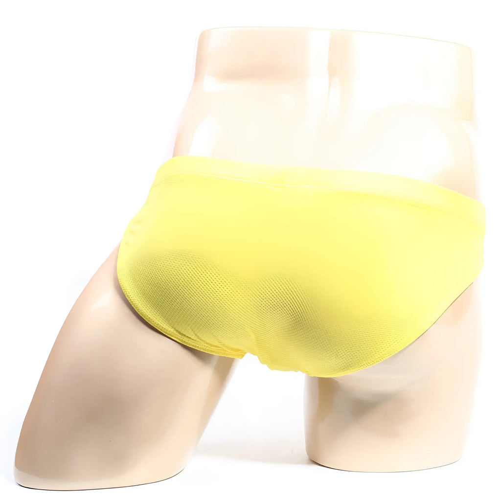 Bright yellow metro male wear bravo bikini briefs displayed on a mannequin featuring soft stretch fabric