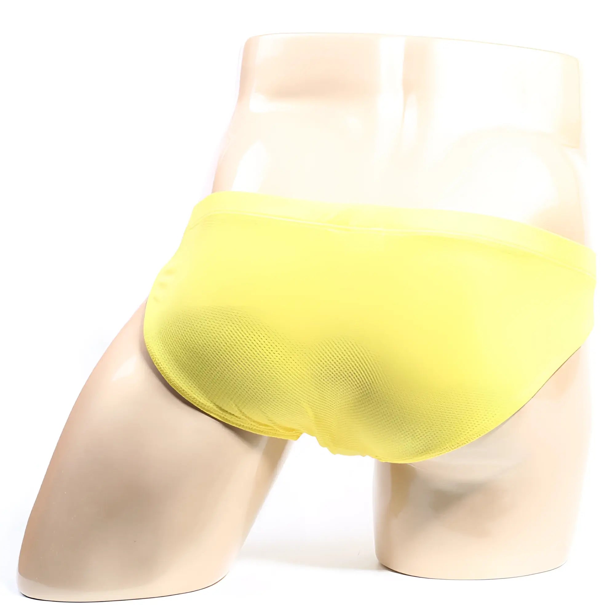 Bright yellow metro male wear bravo bikini briefs displayed on a mannequin featuring soft stretch fabric