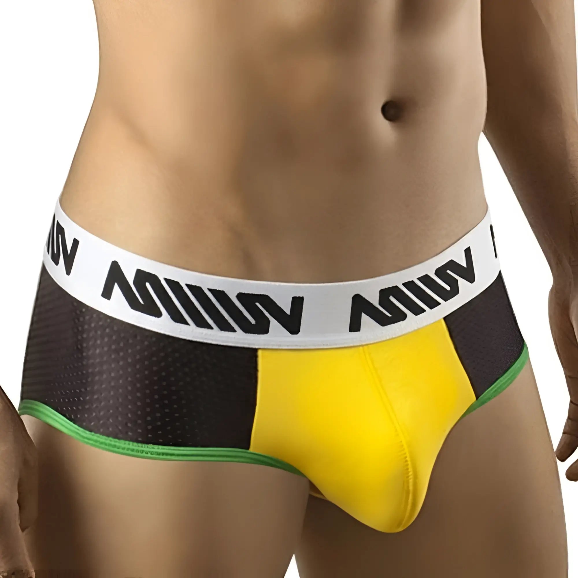 Black and yellow athletic briefs with white waistband and green trim from metromalewear brazil hip brief 5003-41