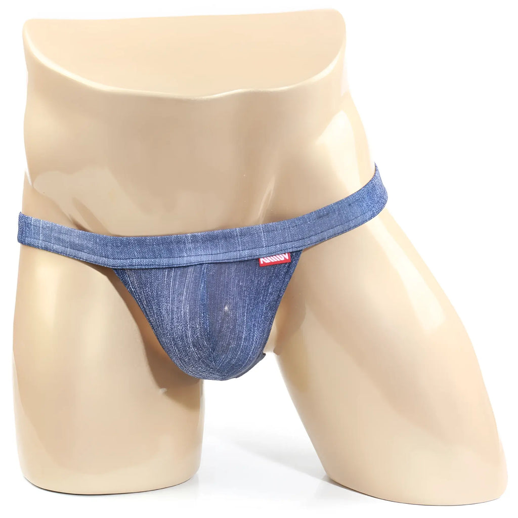 Blue denim thong with red brand tag on waistband back side from MetroMaleWear Brazilian Bikini Denim 1124-62