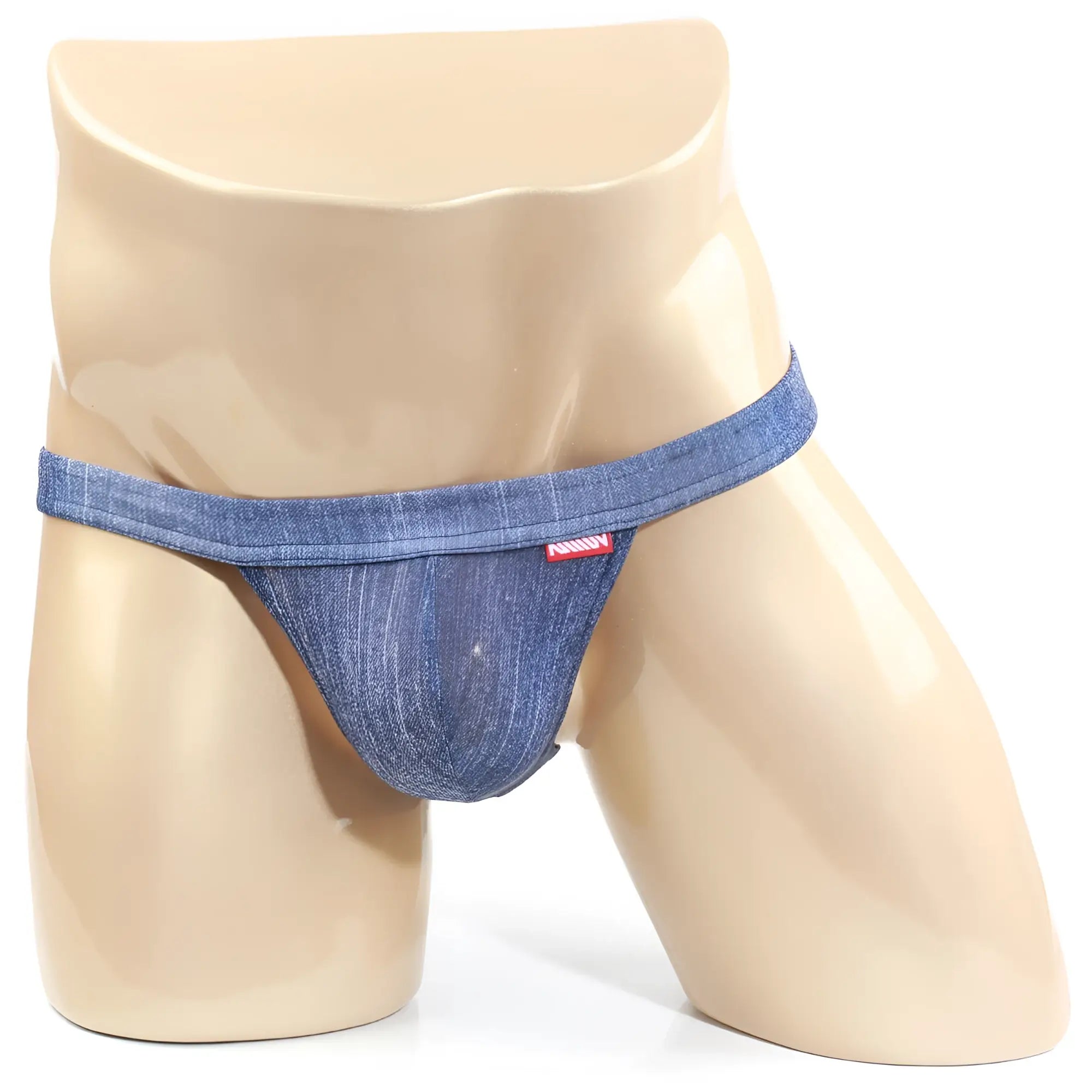 Blue denim thong with red brand tag on waistband back side from MetroMaleWear Brazilian Bikini Denim 1124-62