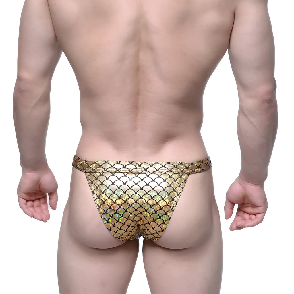 Metromalewear brazilian bikini gold thong with gold holographic fish scale pattern in front view