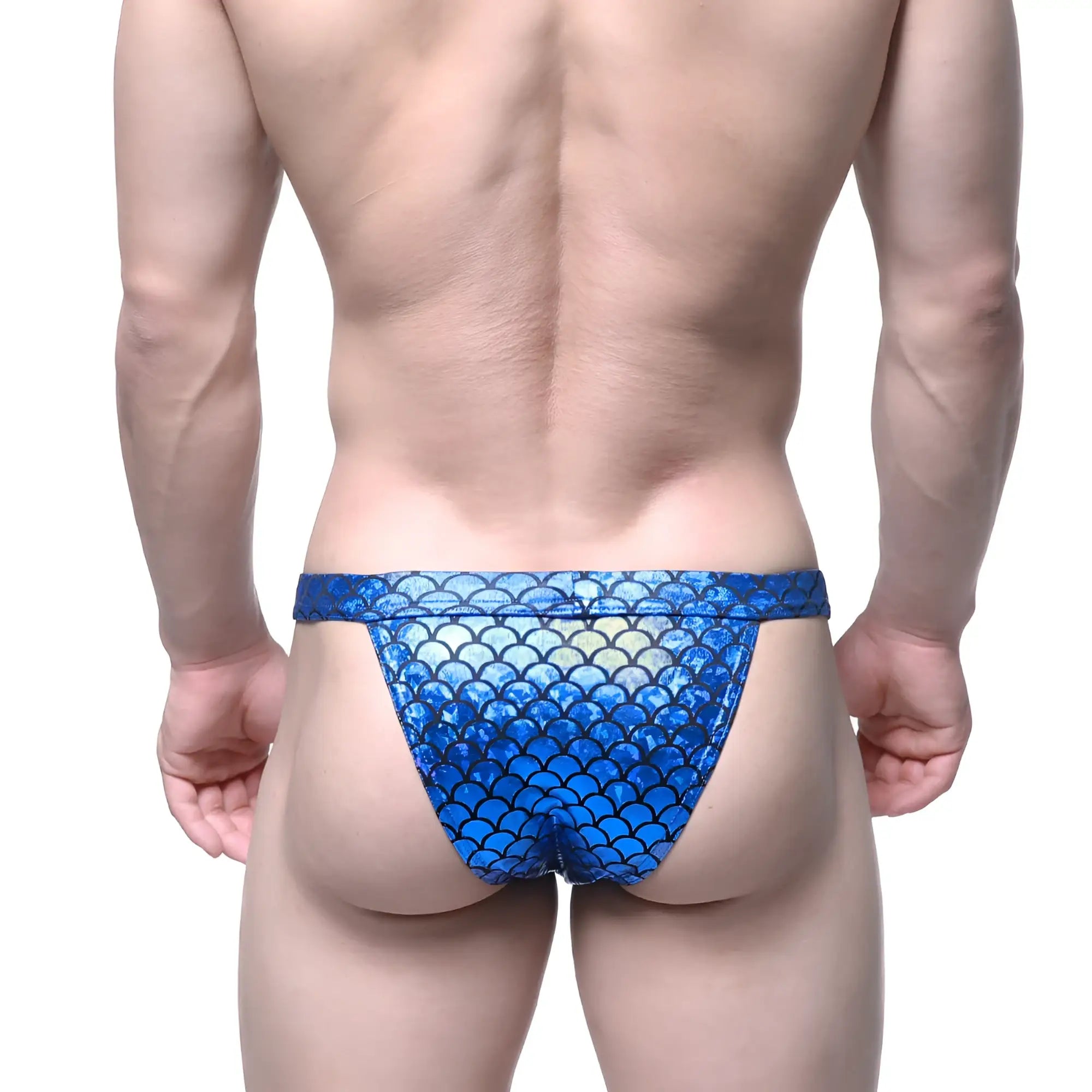 Blue mermaid-scale patterned swim briefs by metromalewear in royal blue, perfect for beach and pool use
