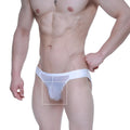 White sheer mesh briefs with a solid white waistband metroMalewear brief 2.0 attraction 3603-71 front view