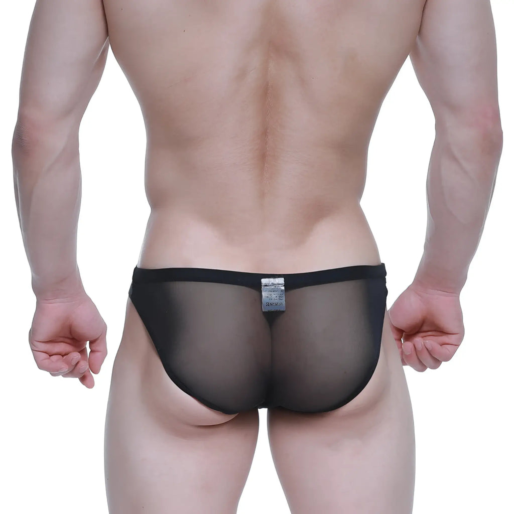 Black sheer mesh briefs with solid black waistband metroMalewear brief 2.0 tull 3603-70 front view