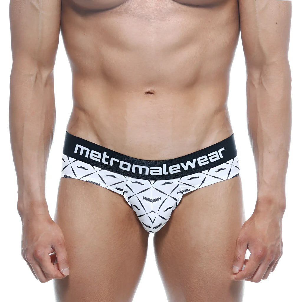 White brief with black geometric mustache pattern and metromalewear branded waistband metro malewear brief caballero 5006-03