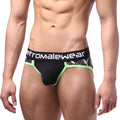 Black and neon green camouflage briefs with branded waistband from MetroMaleWear bright brief green 6106-38