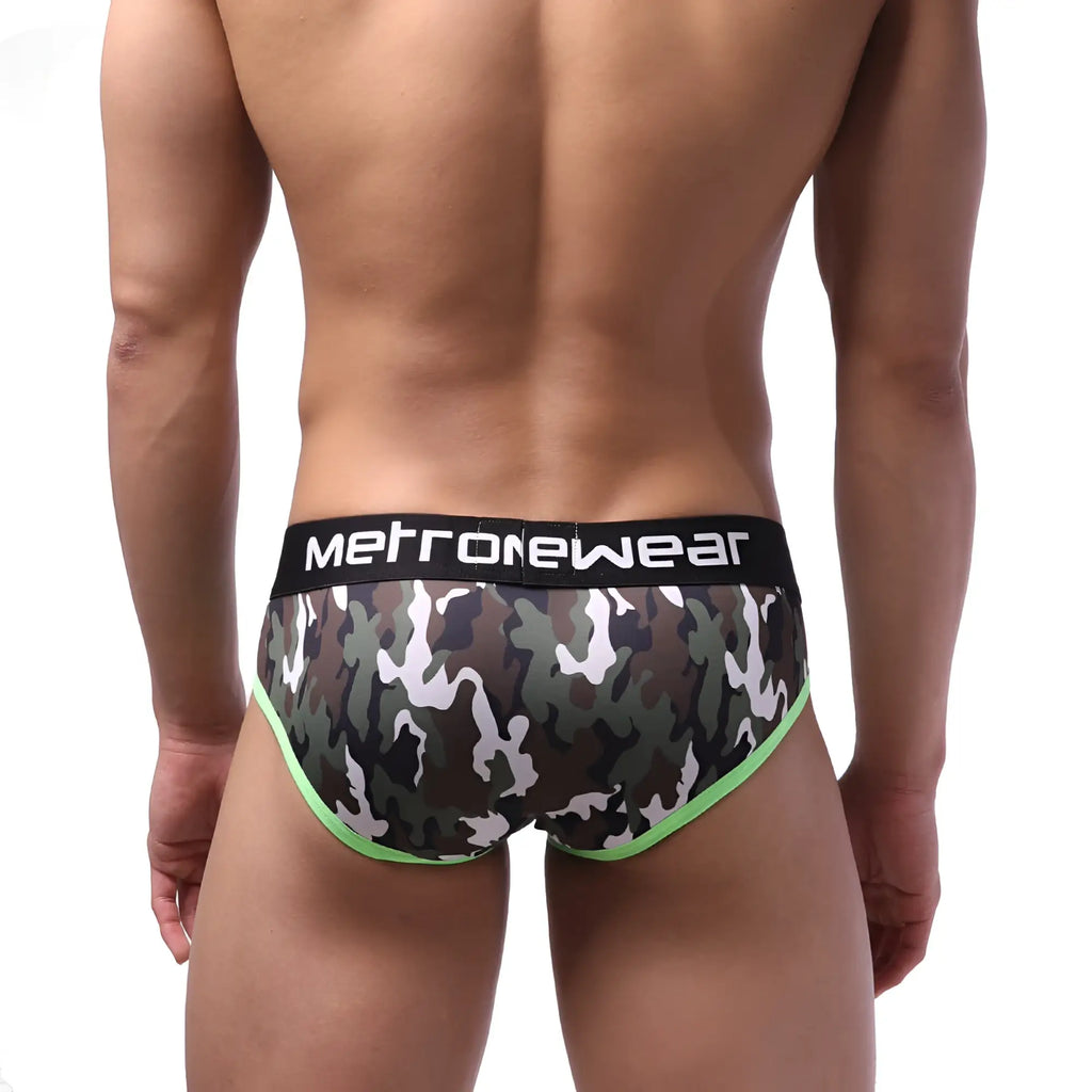 Camouflage pattern metro male wear bright brief green 6106-38 with black waistband and neon green trim for men