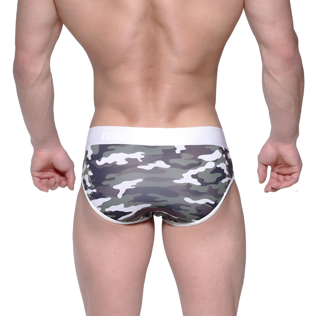MetroMalewear bright brief green camo gray and white camouflage patterned briefs with solid white waistband front view