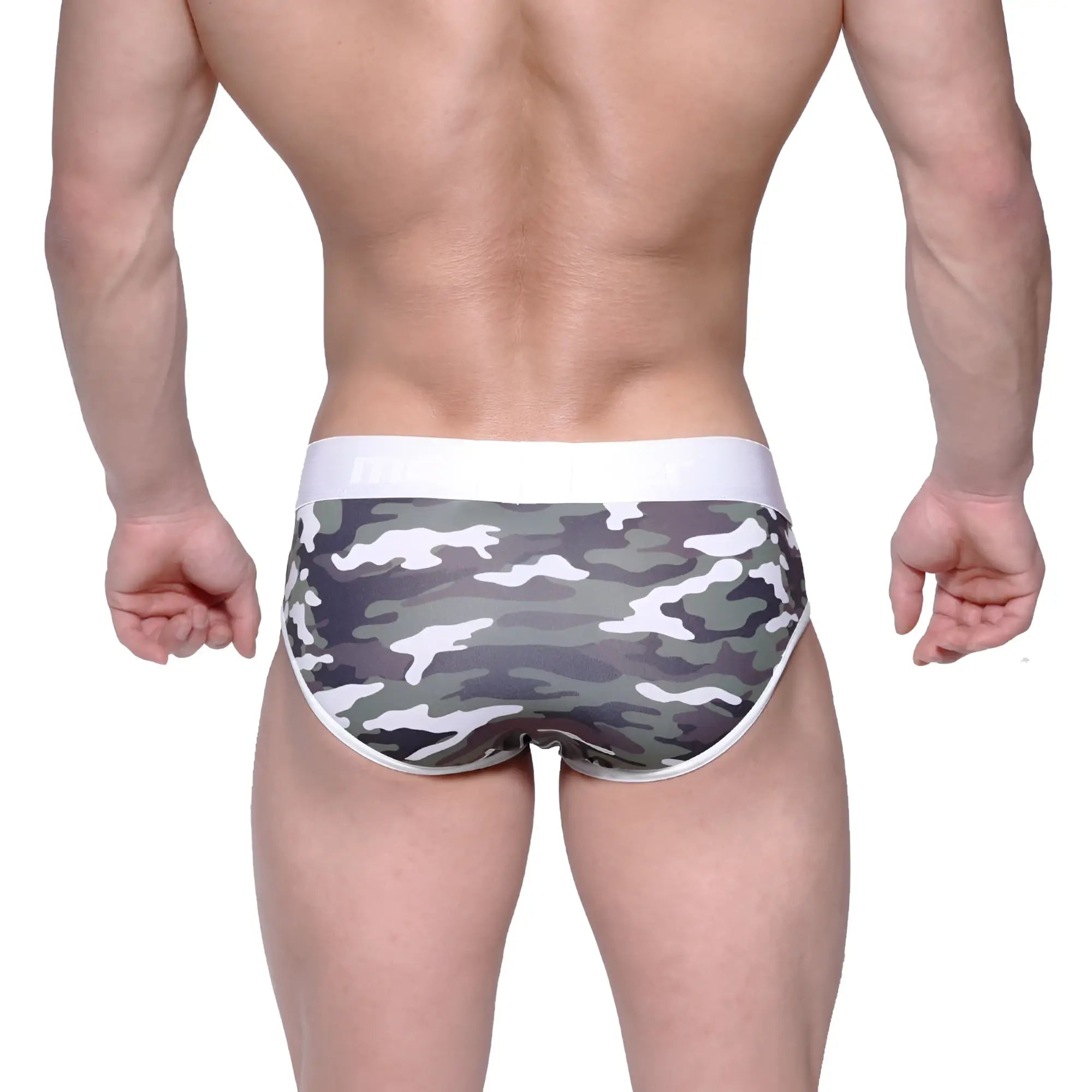 MetroMalewear bright brief green camo gray and white camouflage patterned briefs with solid white waistband front view