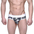 Men’s MetroMaleWear bright brief green camo briefs with white elastic waistband in camouflage pattern