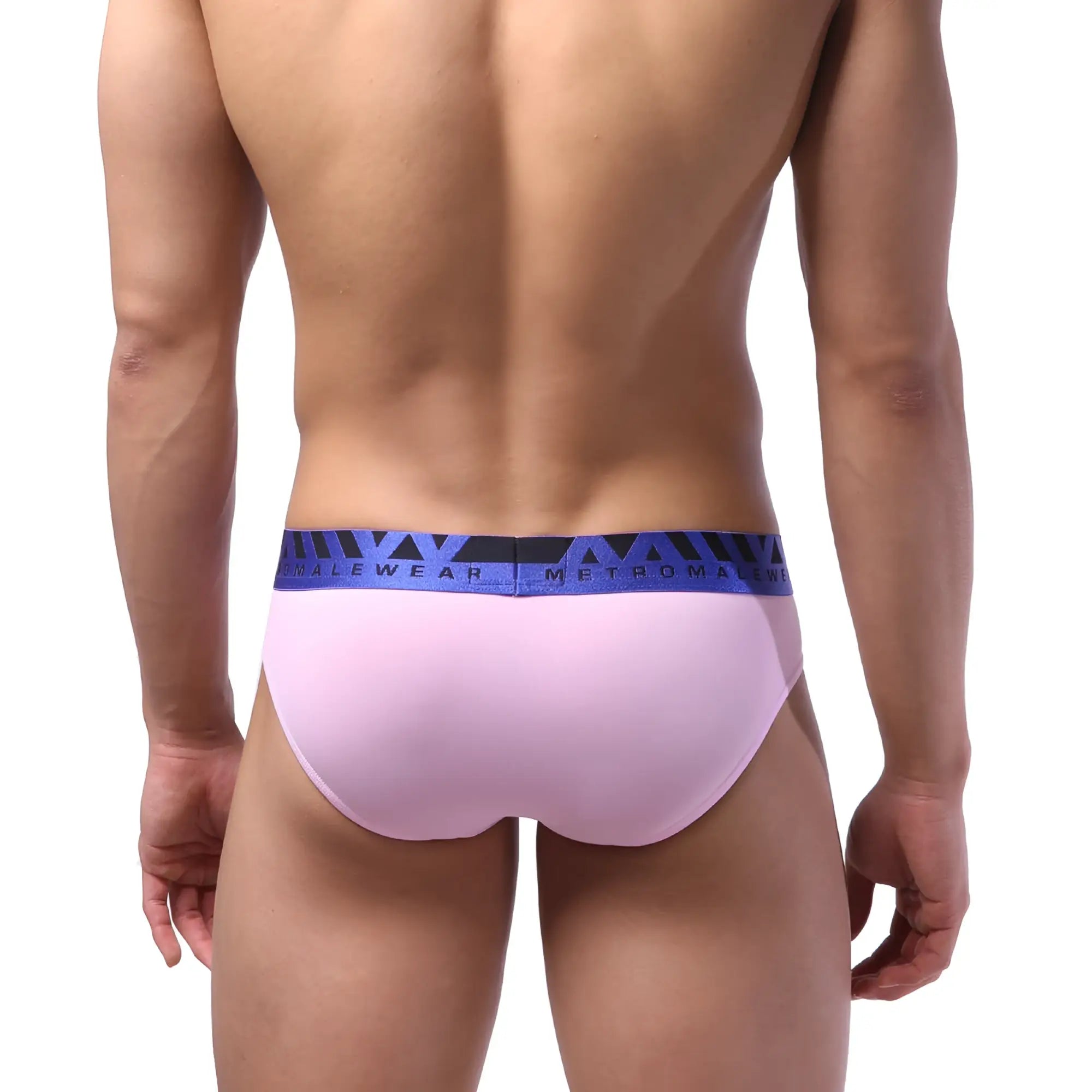 MetroMaleWear bright brief pink men’s briefs featuring a blue and black branded waistband for comfortable wear