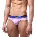 Pink men’s briefs with blue and black elastic waistband featuring metromalewear logo metroMaleWear bright brief pink 6106-02