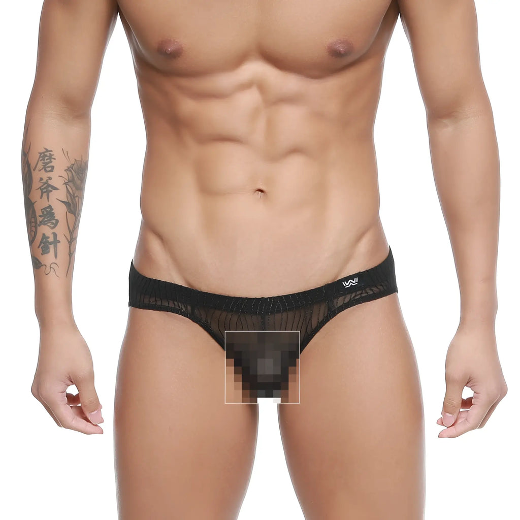 Black sheer mesh briefs with solid black waistband and small white logo from metromalewear bruma bikini 5103-m30