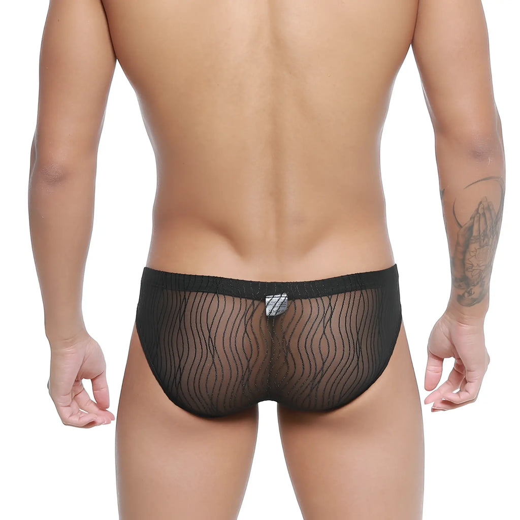 Black sheer mesh briefs with wavy pattern and elastic waistband from metromalewear bruma bikini 5103-m30
