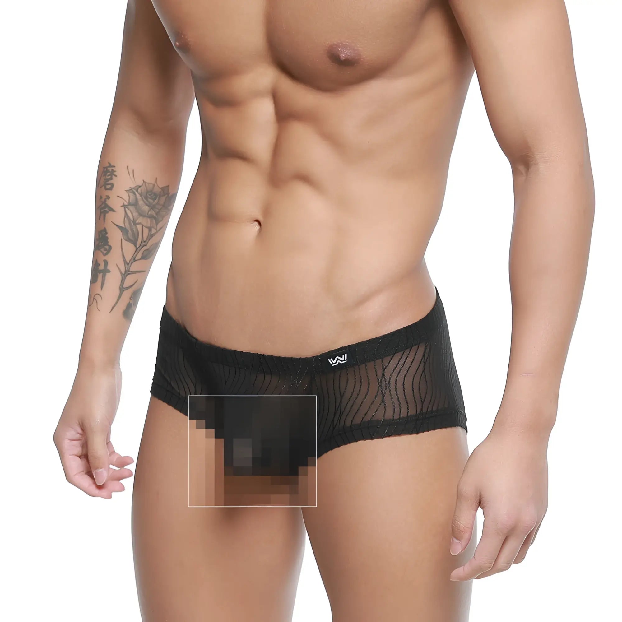 Black mesh briefs with a subtle wavy pattern and small white logo on the waistband metroMalewear bruma trunk 2125-30