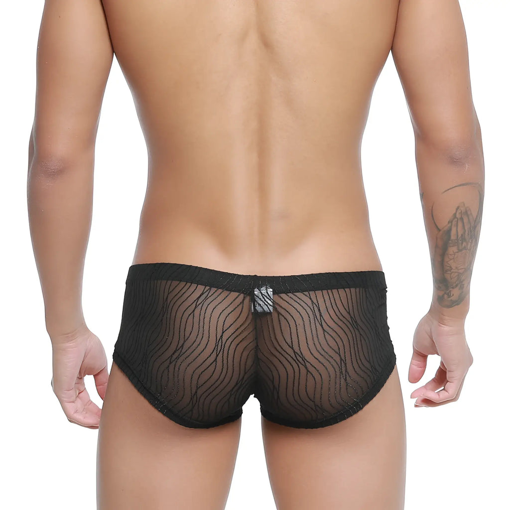 Black sheer mesh briefs with wavy pattern and solid waistband metroMalewear bruma trunk 2125-30 front view